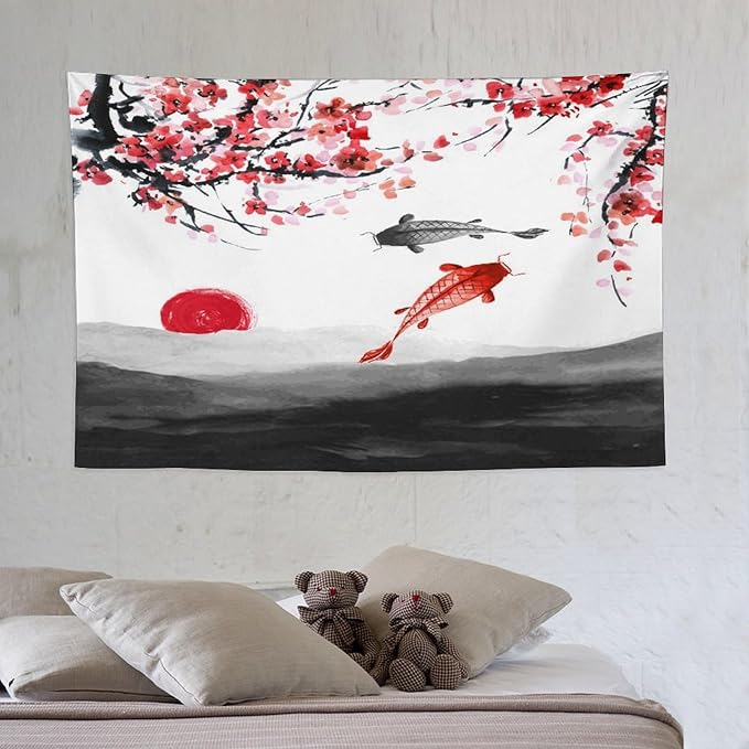 Houselerax Japanese Koi Fish Tapestries, Cherry Blossoms Asian Oriental Flower Branch Koi Fish Carp Tapestry Wall Hanging for Bedroom Living Room Office Decor 60"x40"-Ruum Studio Home