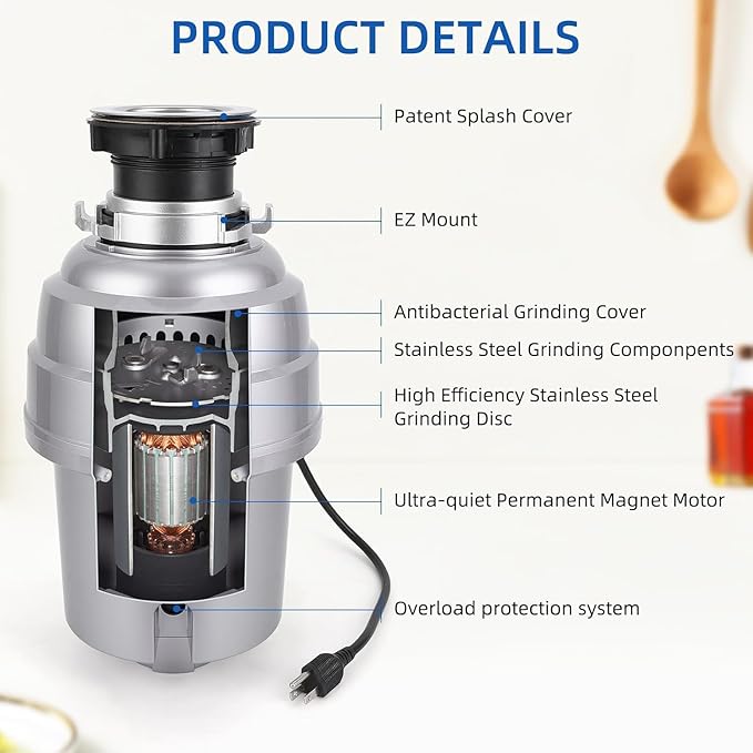 Powerful 3/4HP Stainless Steel Garbage Disposer, Dishwasher-Friendly and Continuous Feeding Waste Disposer, Grinding Material Four-Stage Grinding, Silver-Ruum Studio Home