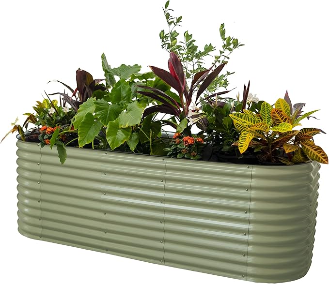 Vego garden 32" Extra Tall Raised Garden Bed Kits, 10 in 1 Modular Raised Planter Box for Vegetables Flowers Fruits Oval Metal Raised Garden Bed- Olive Green-Ruum Studio Home