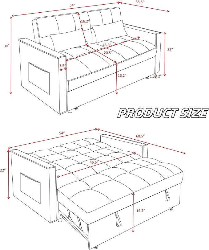 3 in 1 Sleeper Sofa Beds, Futon Sofa Bed for Living Room with Side Pocket, Sleepers Couch with Pullout Bed, Convertible Love Seat Sleepers Couch for Living Room, Bedroom, Small Space, Blue-Ruum Studio Home