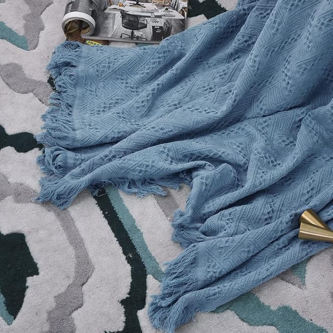 Simple&Opulence 100% Cotton Throw Blanket for Bed, Couch, Boho Luxury Geometric Knit Woven Blanket with Tassels Soft Lightweight Cozy Breathable, Vintage Farmhouse Decoration for All-Season(Blue)-Ruum Studio Home