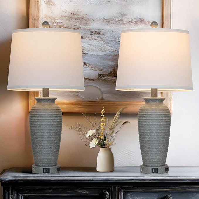 25" Grey Vintage Table Lamp Set of 2 Farmhouse Jar Table Lamps for Living Room，Touch Bedside Lamps with USB A+C Ports & AC Outlet, Pot Nightstand Lamps for Bedroom Living Room (LED Bulbs Included)-Ruum Studio Home