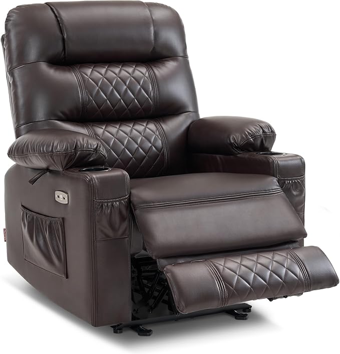 MCombo Zero Gravity Power Recliner Chair with Heat and Vibration Massage, Reclining Chair with USB Ports, Cup Holders for Living Room, Faux Leather PR621 (Brown)-Ruum Studio Home
