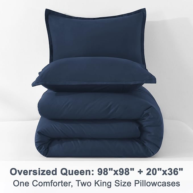 Litanika Navy Blue Comforters Oversized Queen Size, 3 Pieces Lightweight Solid Bedding Comforter Set, All Season Fluffy Bed Set (98x98In Comforter & 2 Pillowcases)-Ruum Studio Home