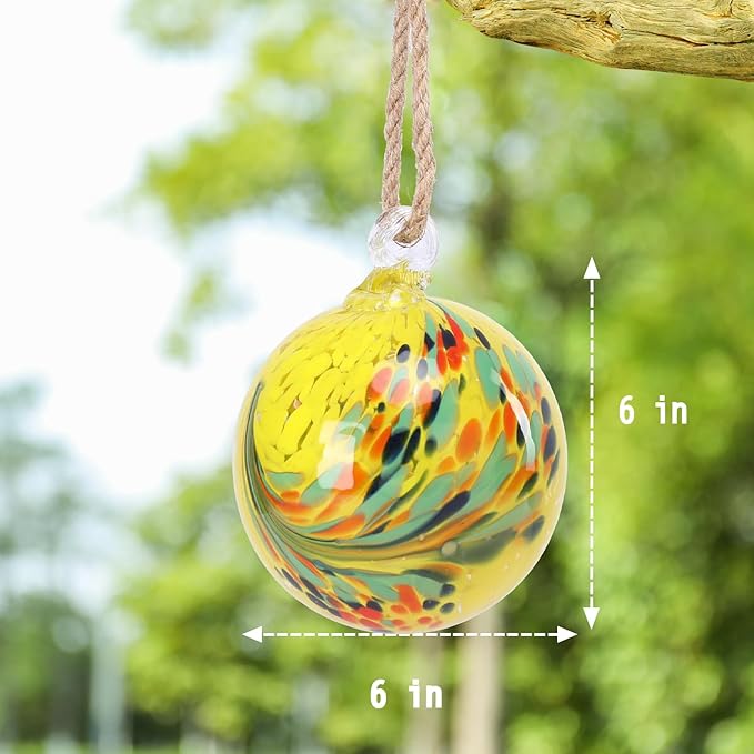 VCUTEKA Hanging Garden Gazing Ball, Hand-Blown Glass Witch Ball for Outdoor Garden Décor, 6" Yellow Swirl-Ruum Studio Home