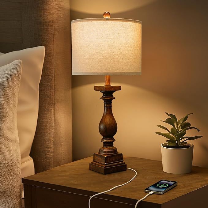BOBOMOMO 27" Farmhouse Living Room Lamps with USB-A +C Ports, Vintage Rustic Bedside Night Stand Lamps Set of 2, Linen Shade, Retro Side Table Lamps for Living Room, Bedroom, Office, Home Decor-Ruum Studio Home