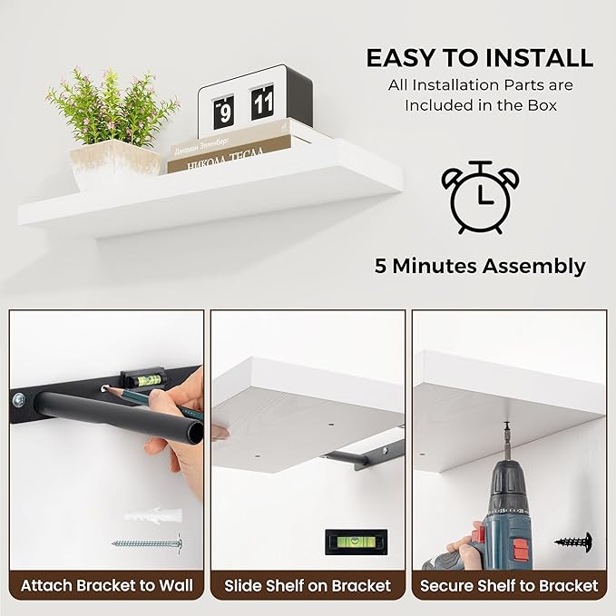 24 inch Floating Shelves Long Floating Shelves for Wall Large Wall Mounted Shelves with Invisible Brackets, White Shelves for Bathroom, Living Room, Kitchen, Office, 24x6.7 inch deep Set of 2-Ruum Studio Home