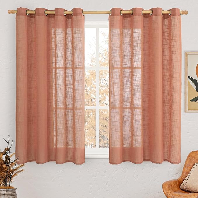 LAMIT Semi Sheer Linen Curtains 45 Inch Length, Terracotta Light Filtering Fall Decor Short Window Curtains with Bronze Grommet for Bedroom/Farmhouse, 2 Panels Set, 52 x 45 Inch-Ruum Studio Home