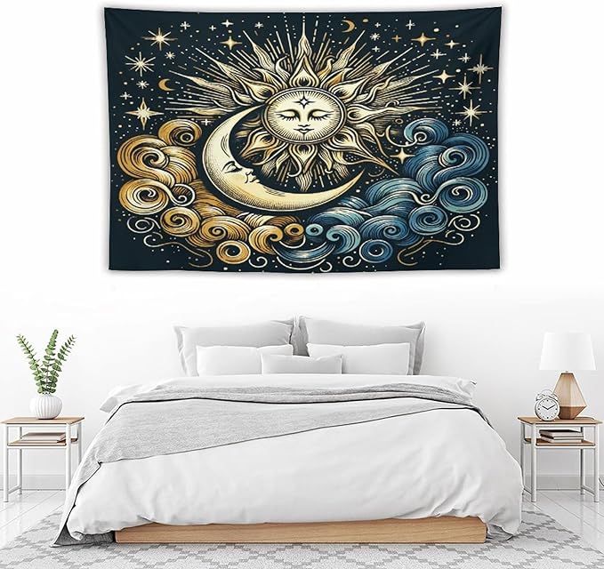 HZOHNAGO Sun Moon Tapestry Boho Golden Stars Pattern Printed Wall Tapestry Wall Hanging for Bedroom Living Room Dorm 60" W x 40" H-Ruum Studio Home