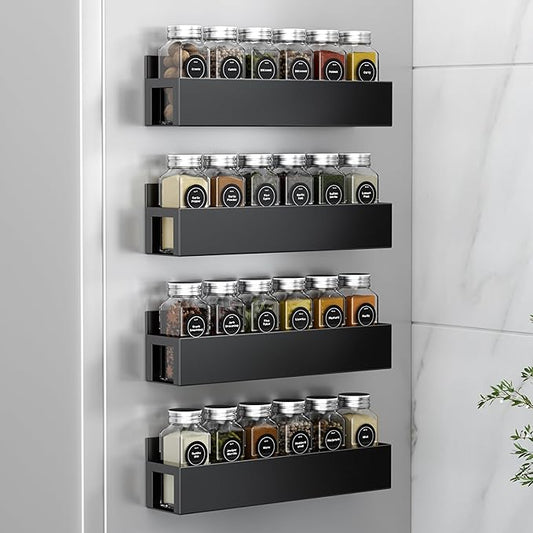 4 Pack Magnetic Spice Rack with 24 Spice Jars, Spice Labels, Chalk Marker and Funnel Set, Magnetic Spice Organizer Shelf for Refrigerator, Microwave, Seasoning Organizer for Kitchen-Ruum Studio Home