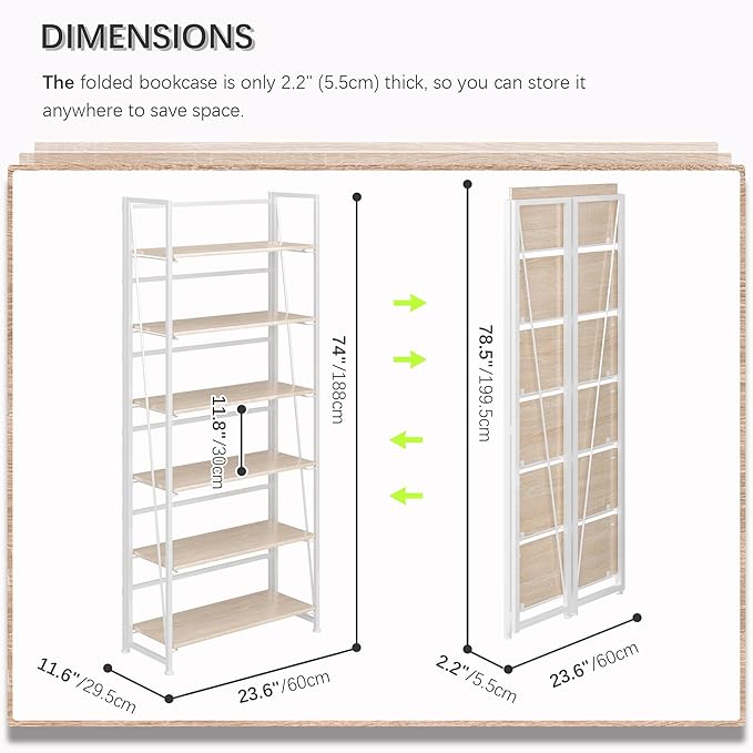 4NM No Assembly Foldable Bookshelf, 6-Shelf Collapsible Bookcase Storage for Small Spaces, 74" H, Natural White-Ruum Studio Home