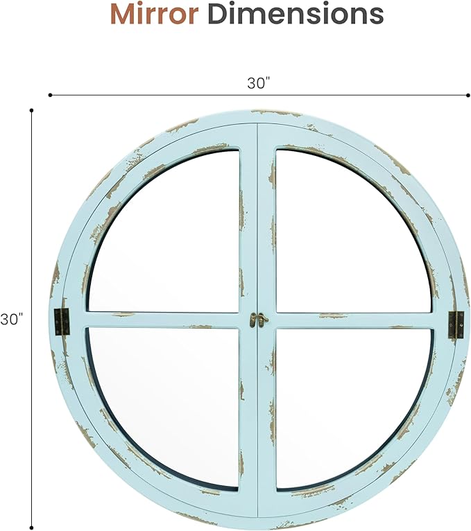 30" Round Window Mirror, Vintage Coastal Wall Mirror with Distressed Blue Wood Frame & Faux Windowpanes, Farmhouse Cottagecore Decor for Living Room, Entryway, or Dining Room-Ruum Studio Home
