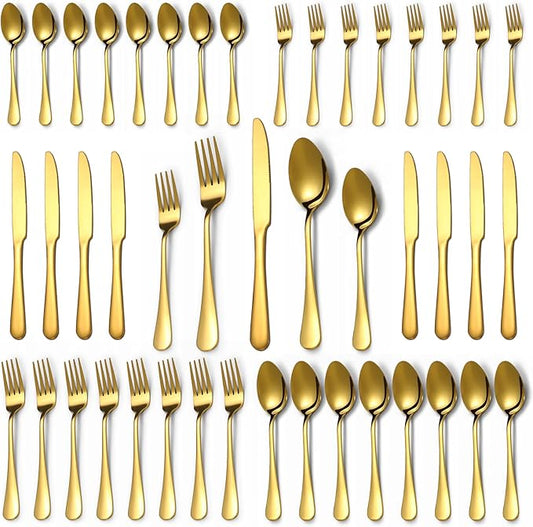 Lazycorner 40 Pcs Gold Silverware Set for 8, Food Grade Stainless Steel Flatware Set Include Fork/Knife/Spoon, Mirror Polished Eating Utensils Sets, Reusable Silverwear Cutlery Set, Dishwasher Safe-Ruum Studio Home