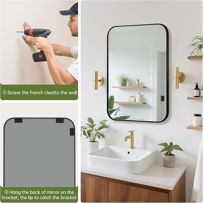 FARMER 22x30 Inch Black Bathroom Mirror, Rectangle Vanity Mirror, Brushed Mirrors for Wall, Metal Frame Hanging Mirror with Round Corner for Bedrooms, Entryways, Living Rooms, Horizontal/Vertical-Ruum Studio Home