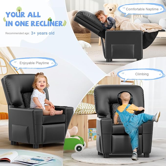 Kids Recliner Chair, Leather Push Back Kids Reclining Chair with Cup Holders & Side Pockets, Safety Adjustable Footrest Toddler Recliner for Age 3+, Kid Recliners for Girls Boys, Black-Ruum Studio Home