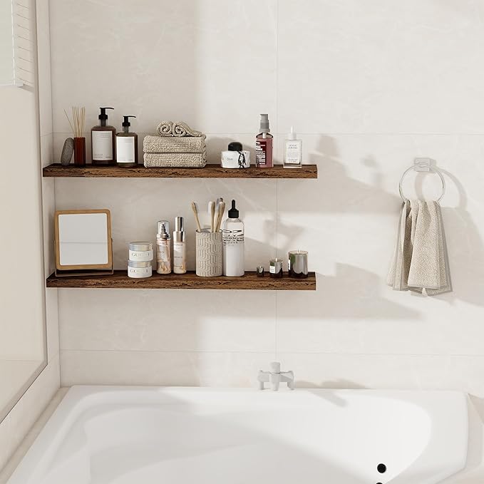 36Inch Floating Shelves for Wall 2 Pack Wood Shelves for Kitchen, Bathroom, Bedroom Wall Mounted Rustic Wood Floating Shelf with Invisible Brackets for Books, Storage, Decor, Rustic Brown-Ruum Studio Home