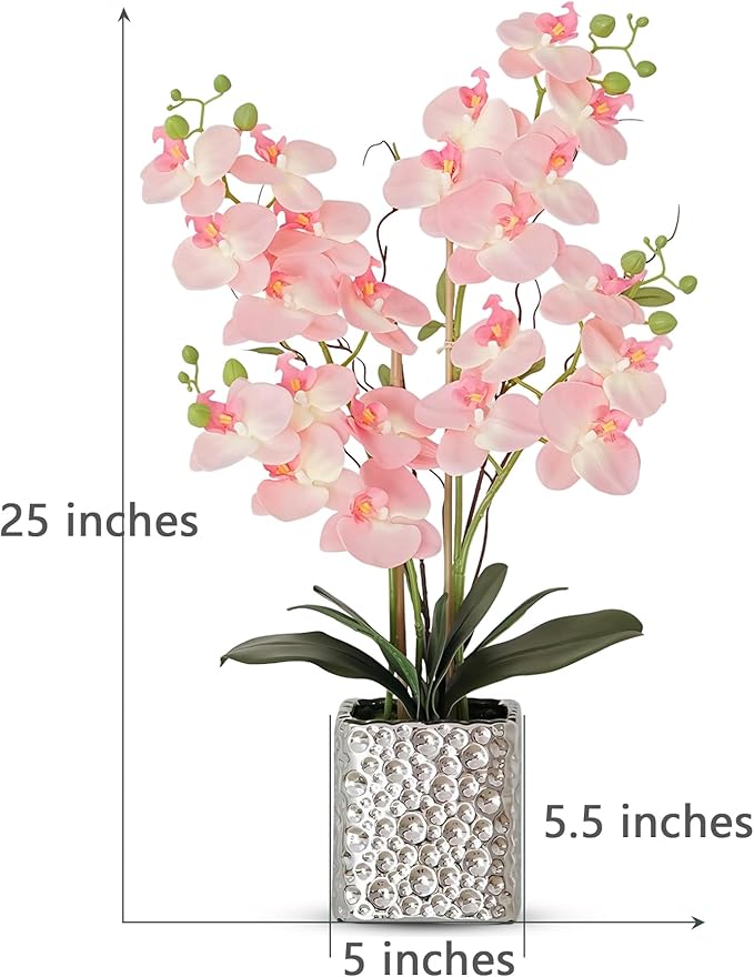 Orchid Artificial Flowers with Sliver Vase Large Silk Faux Phalaenopsis Flowers for Dining Room Table Floral Centerpieces Indoor Decoration,Pink-Ruum Studio Home