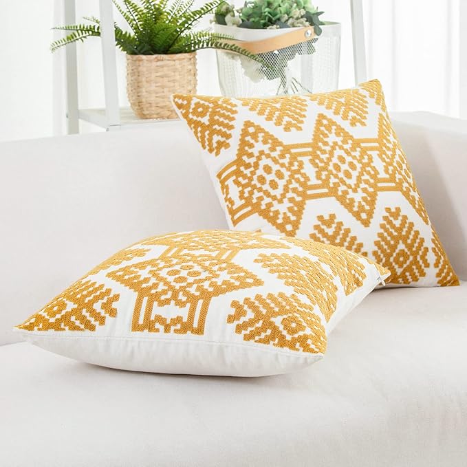 HWY 50 Mustard Yellow Decorative Throw Pillow Covers 18x18 Inch, Pack of 2 Embroidered Cotton Farmhouse Cushion Cover Pillow Case for Sofa Couch Living Room Bed Bedroon, Modern Diamond Geometric-Ruum Studio Home