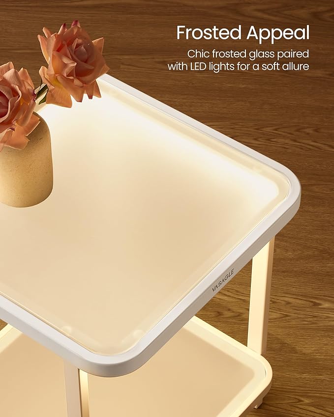 VASAGLE End Table, 2-Tier Side Table with LED Lights, Modern Nightstand, Square Bedside Table, Frosted Glass, Bottom Shelf, for Bedroom, Cloud White and Pearl White ULET232W01-Ruum Studio Home