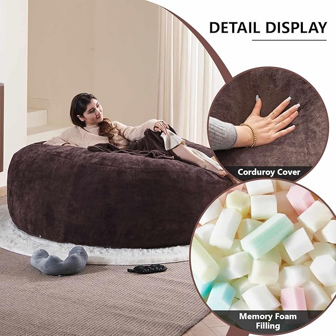 6FT,Oversized Bean Bag Chairs for Adults,Giant beanbag with Filler Included，Fluffy Memory Foam,Soft and Comfy Corduroy Fabric,Gaming Chairs Suitable for Living Room and Bedroom (Brown, 6 Foot)-Ruum Studio Home