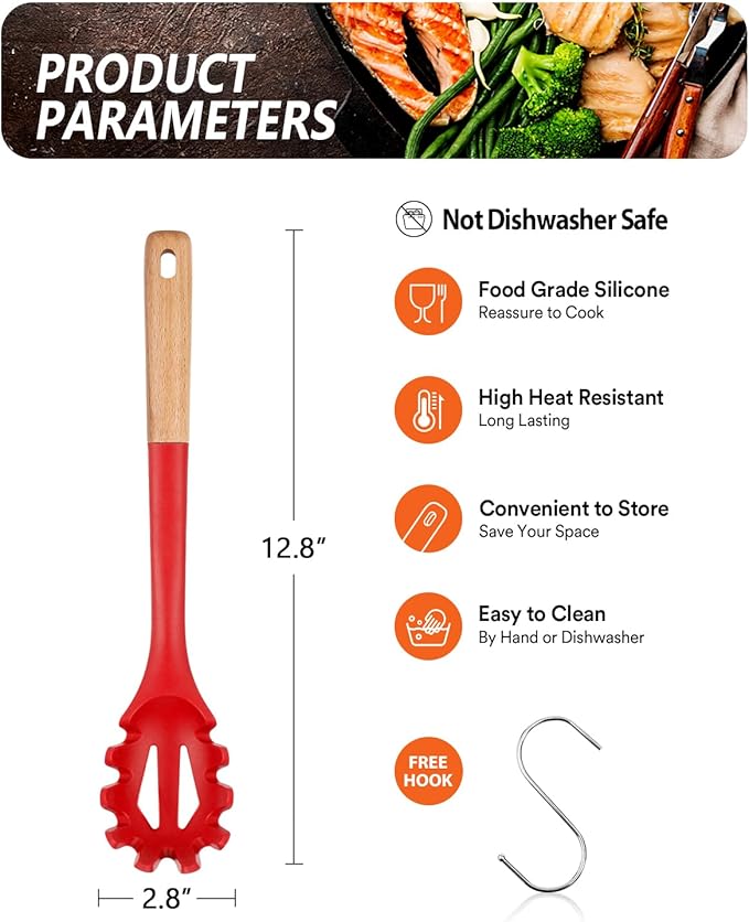 Silicone Pasta Fork, Kitchen Heat Resistant Noodle Spoon Server, BPA Free Spaghetti Strainer,12.8 inch (RED)-Ruum Studio Home
