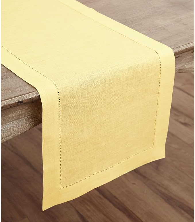 Solino Home Linen Yellow Table Runner 120 Inches Long - 100% Pure Linen Hemstitch 14 x 120 Inch Table Runner for Dining - Classic Hemstitch-Ruum Studio Home