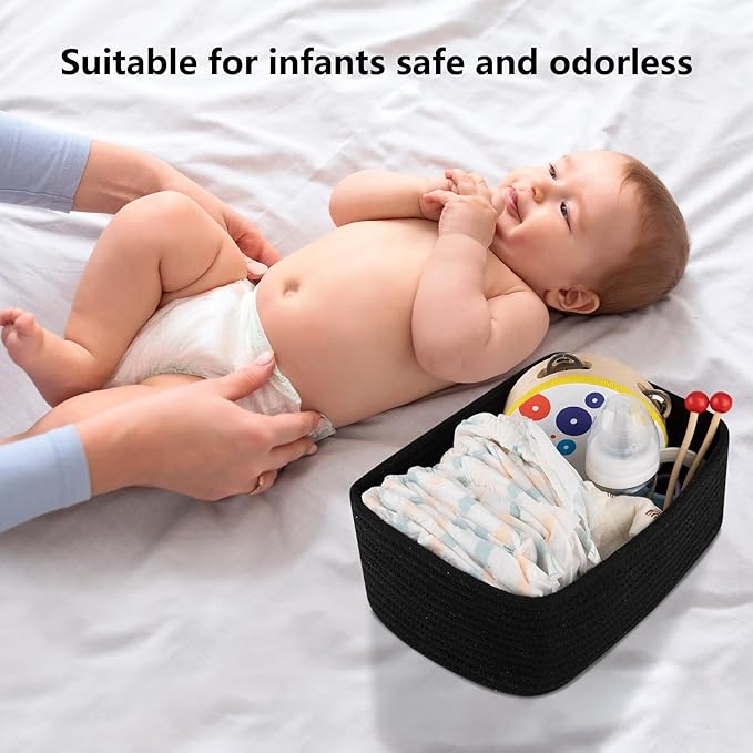 4 Pack Small Storage Shelf Baskets for Organizing, Mini Woven Rope Storage Bins for Towels, Cute Decorative Closet Organizer，Baby Nursery, Gift Empty Baskets -11.81''Lx7.87''Wx4.72''H-Black-Ruum Studio Home