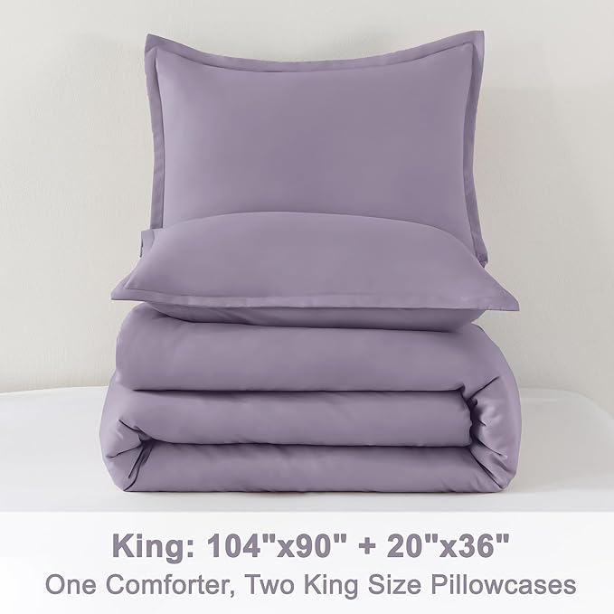 Litanika Grayish Lavender Purple Comforter Set King Size, 3 Pieces Lightweight Solid Bedding Comforter Set, All Season Fluffy Bed Set (104x90In Comforter & 2 Pillowcases)-Ruum Studio Home