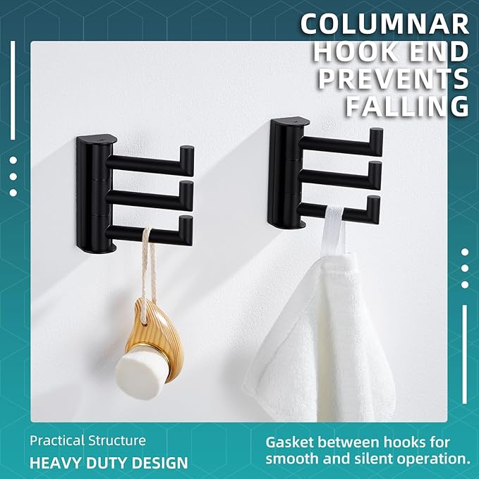 Angle Simple Swivel Towel Hooks for Bathroom, SUS 304 Stainless Steel Foldable 3 Arms Robe Towel Holder, Shower Wall Coat Hooks, Matte Black, 2 Pack-Ruum Studio Home