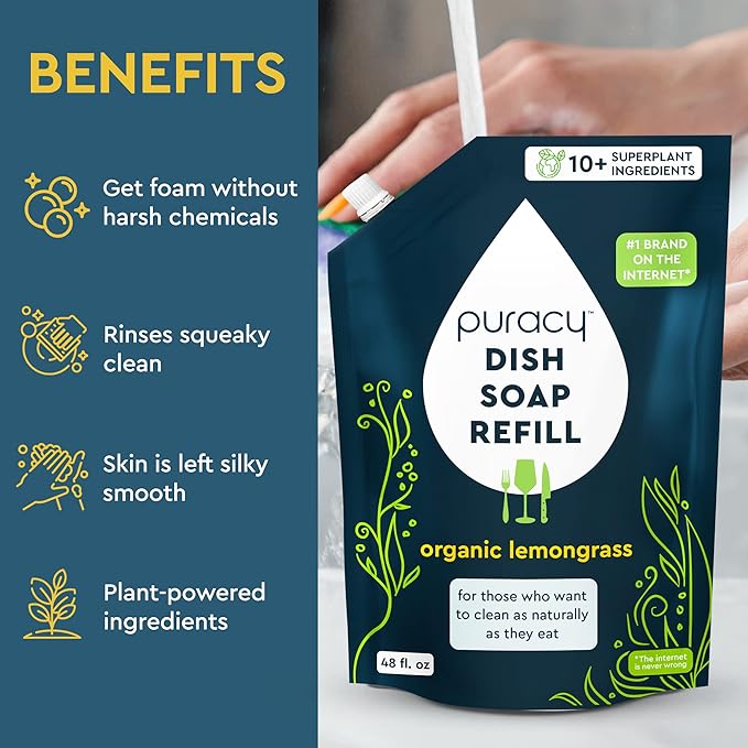 Puracy Natural Dish Soap Refill - Skin-Softening Plant-Based Liquid Dishwashing Detergent Soap, Clean-Rinsing Water-Sheeting Formula (Organic Lemongrass, 48 fl oz)-Ruum Studio Home