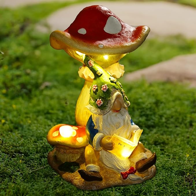 Upgraded Size Solar Garden Outdoor Statues Gnome Reading Under Mushroom with 5 LED Solar Figurine for Lawn,Patio,Balcony,Yard Decor Unique Housewarming Gift for Grandfather, Father,Grandma,Wen-Ruum Studio Home