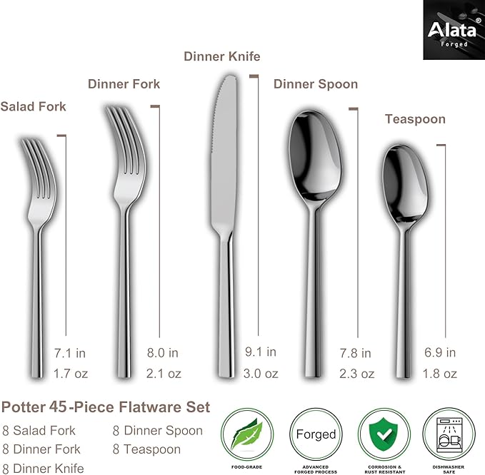 Alata Potter 45-Piece Forged Stainless Steel Flatware Set Cutlery Set,Service for 8,Silver Finish,Dishwasher Safe-Ruum Studio Home