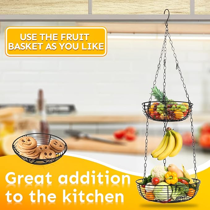HULISEN 3 Tier Hanging Fruit Basket with Banana Hook, Heavy Duty Wire Hanging Baskets for Kitchen Storage, 36 Inch Hanging Vegetable Produce Basket Organizer (Including Installation Bracket)-Ruum Studio Home