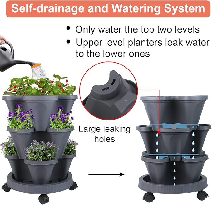 Vertical Planter 3 Tier Stackable Planters Garden Planters Strawberry Herb Flower and Vegetable Planter Indoor Outdoor Gardening Pots with Removable Wheels and Tools-Ruum Studio Home