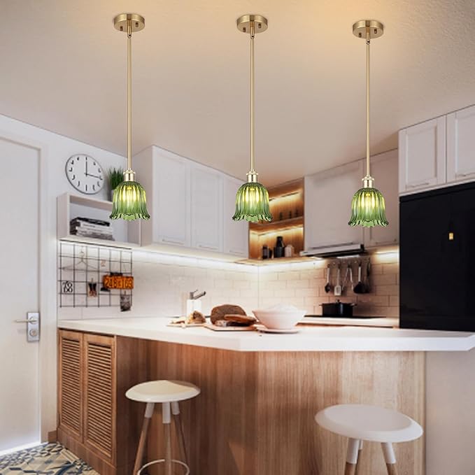 Modern Gold Pendant Light 3 Pack Brushed Brass Mid Century Chandelier Green Glass Shades Adjustable Rods Farmhouse Ceiling Hanging Lighting Fixture Kitchen Island Dining Room Bedroom-Ruum Studio Home
