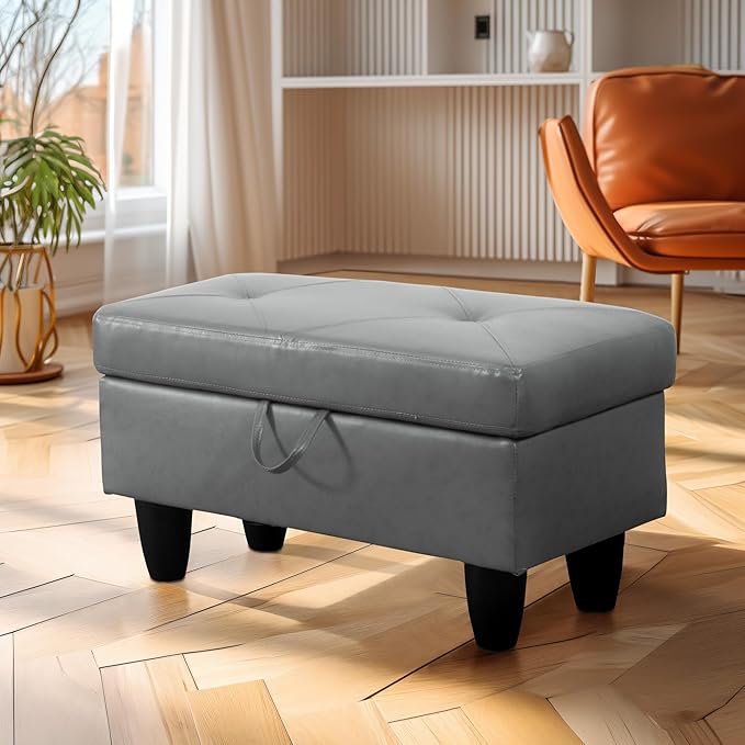 Ottoman Rectangular Storage Ottoman Bench, Faux Leather Footrest, Coffee Table, Stool Footstool with Hinged Lid for Living Room, Bedroom, Entryway, Gray, 28.5"x19"x17.5"-Ruum Studio Home