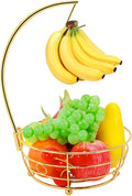 Livabber Countertop Fruit Basket Bowl with Banana Hanger, Modern Standing Fruit Vegetable Bowl Storage, with Banana Tree Holder for Kitchen Dinning Table (Round Metal, Gold)-Ruum Studio Home
