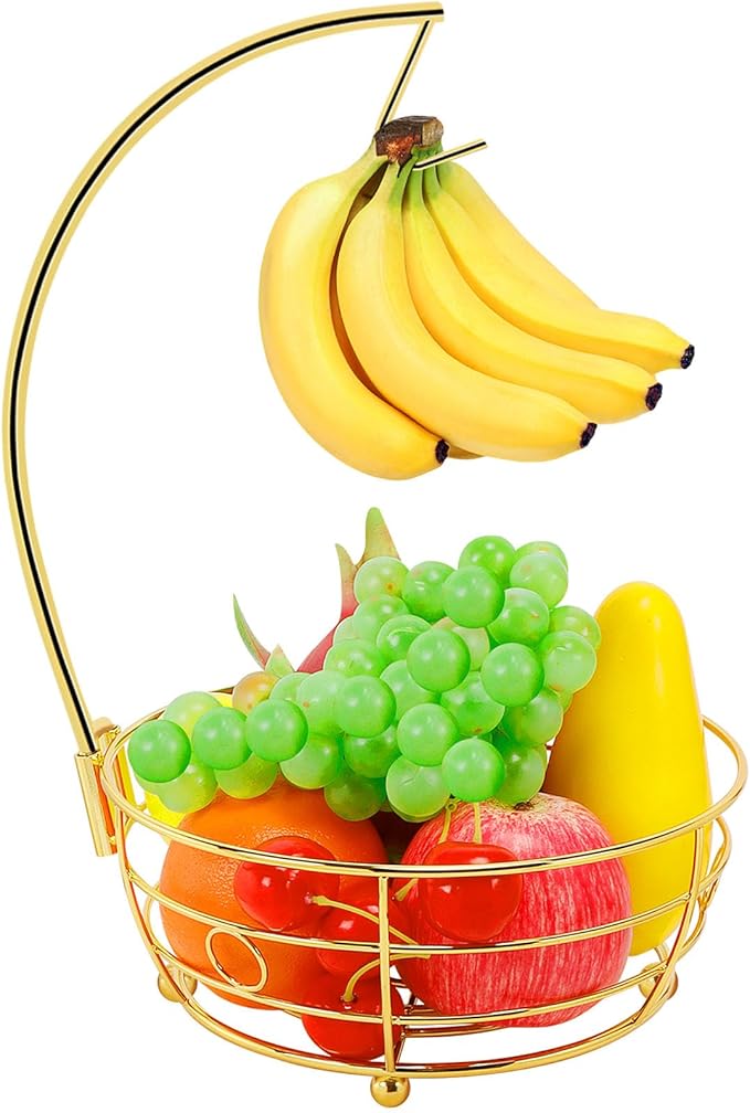Livabber Countertop Fruit Basket Bowl with Banana Hanger, Modern Standing Fruit Vegetable Bowl Storage, with Banana Tree Holder for Kitchen Dinning Table (Round Metal, Gold)-Ruum Studio Home