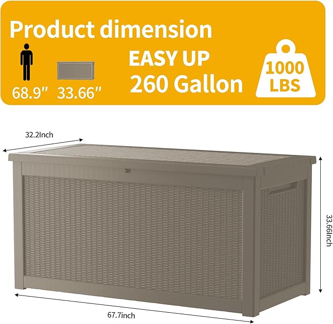 260 Gallon Double-Wall Resin Deck Box - Lockable Waterproof Outdoor Storage Box, 1000lbs Capacity & Doubles as Seating for Patio Furniture - Garden Tools, Pool Accessories (Brown)-Ruum Studio Home
