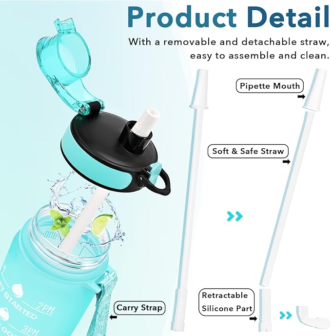 Enerbone Water Bottle, Leakproof BPA & Toxic Free, Motivational Water Bottle with Times to Drink and Straw, Fitness Sports Water Bottle with Strap for Office, Gym, Outdoor Sports-Ruum Studio Home