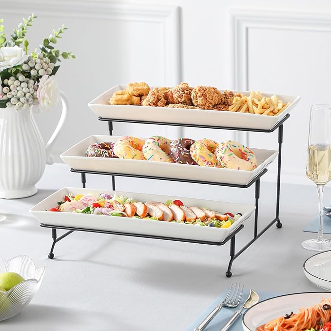 MALACASA 3 Tier Serving Tray, Porcelain Tiered Cupcake Stand, Ceramic Elevated Serving Platter with Collapsible Sturdier Rack,Series PLAT (White, 14 Inch)-Ruum Studio Home