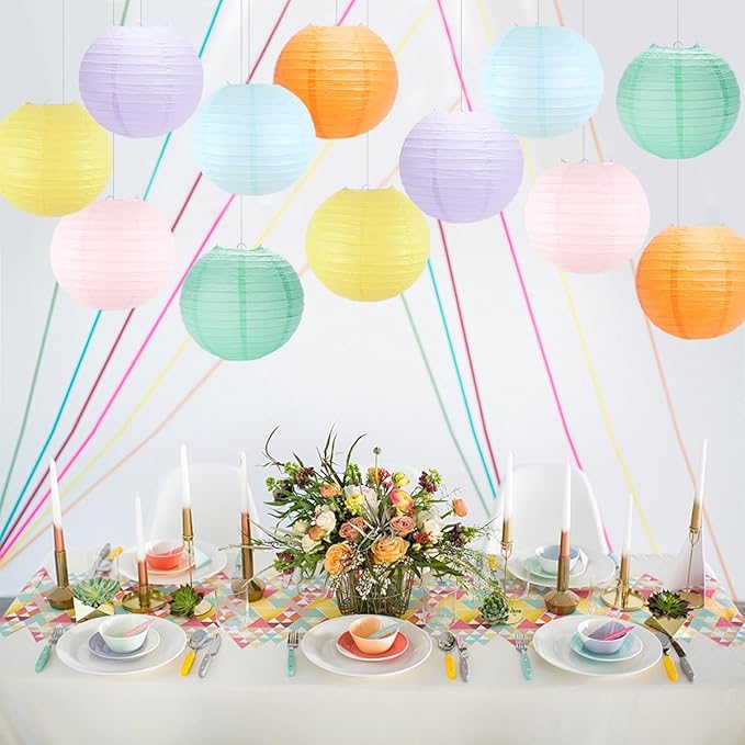 Paper Lanterns Pastel Round Hanging Chinese Lanterns for Birthday Baby Shower Rainbow Easter Party Decorations Pack of 12-Ruum Studio Home