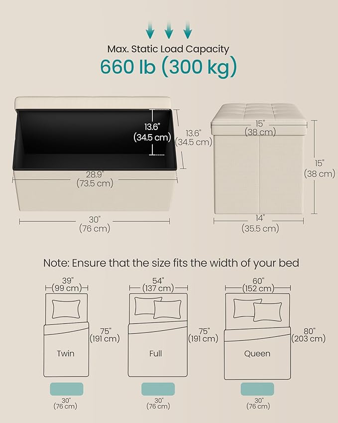 SONGMICS MAZIE Collection - 30 Inches Folding Storage Ottoman Bench, Ottoman Foot Rest, End of Bed Bench, Storage Chest, Load 660 lb, for Living Room, Bedroom, Entryway, Cream White ULSF47BE-Ruum Studio Home