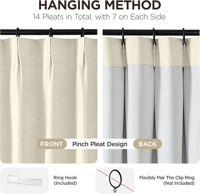 Joydeco 100% Blackout Pleated Curtains, Linen Window Curtains 2 Panel Sets 108 inches Long, Thermal Insulated Darkening Drapes for Bedroom(Linen,40'' Wx108'' L)-Ruum Studio Home