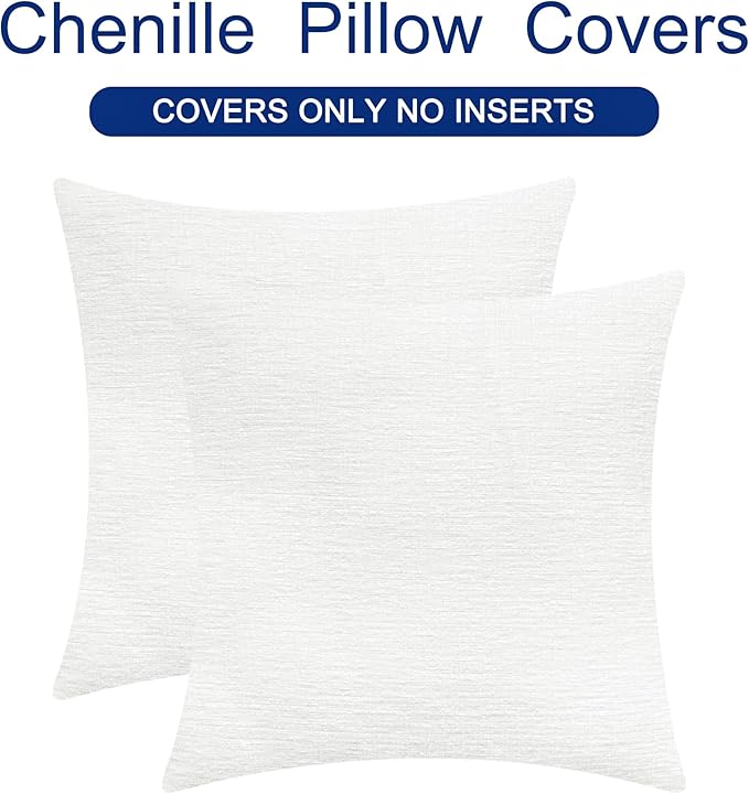 CaliTime Throw Pillow Covers Decorative 26 X 26 Inches Pack of 2 Cozy Chenille Cushion Cases for Couch Sofa Bed Living Room Home True White-Ruum Studio Home