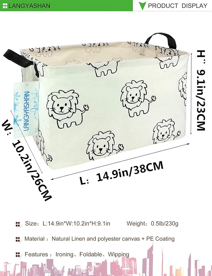 LANGYASHAN Rectangular Storage Bin Collapse Canvas Fabric Cartoon Storage Basket with Handles for Organizing Home Kitchen Boys and Girls Toys Office Closet Shelf Baskets (Rec lion)-Ruum Studio Home