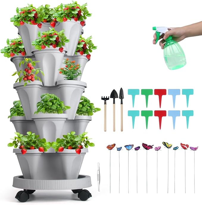 Vertical Planter, 5 Tier Stackable Strawberry Planter with Garden Tool Set, Movable Indoor/Outdoor Garden Herb Pot for Growing Vegetables and Succulents, Gray-Ruum Studio Home