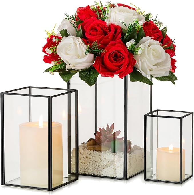 Glass Hurricane Candle Holder Large - Hewory 3pcs Black Rectangle Flower Holders Centerpiece for Table, Tall Floor Square Pillar Candle Lantern for Wedding, Anniversary, Party, Fireplace, Dining Room-Ruum Studio Home