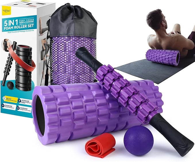 5 in1 Foam Roller Set, High Density Deep Tissue Massager for Muscle Massage, Massage Roller, Massage Ball, Resistance Band for Whole Body Physical Therapy Deep Muscle Massage (Purple)-Ruum Studio Home