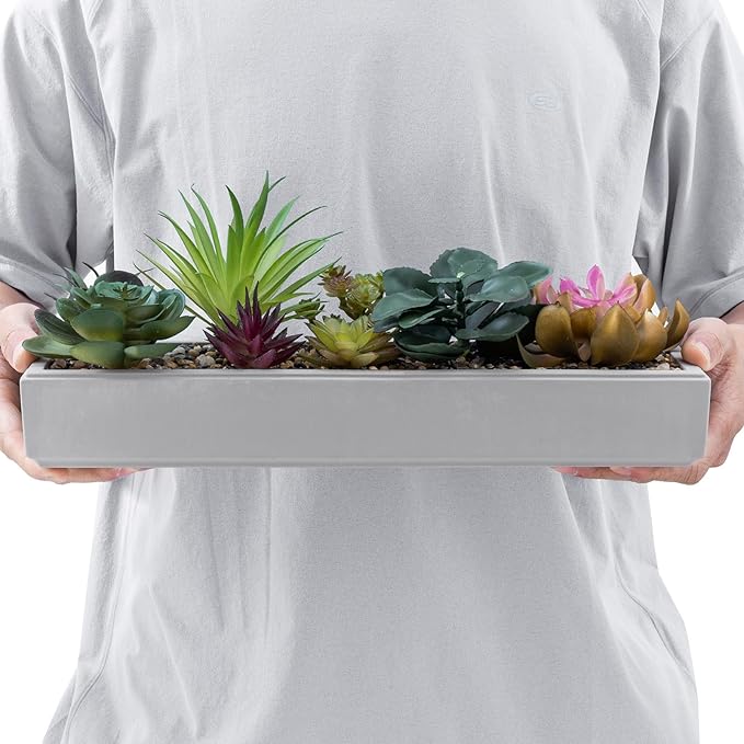 MyGift 15 Inch Mixed Color Assorted Artificial Succulent Plant Arrangement in Modern Gray Clay Planter Tray-Ruum Studio Home
